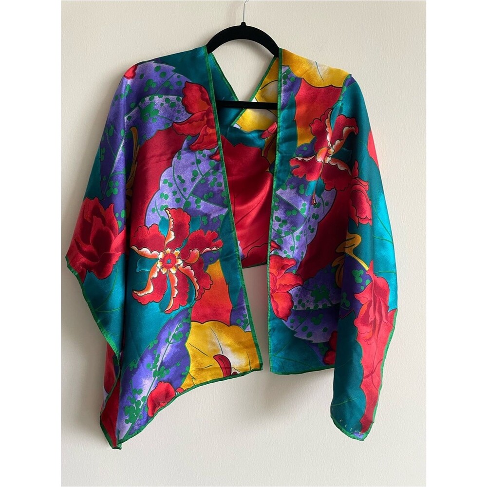 Vintage Perry Ellis extra long silk scarf wrap flowers floral abstract leaves